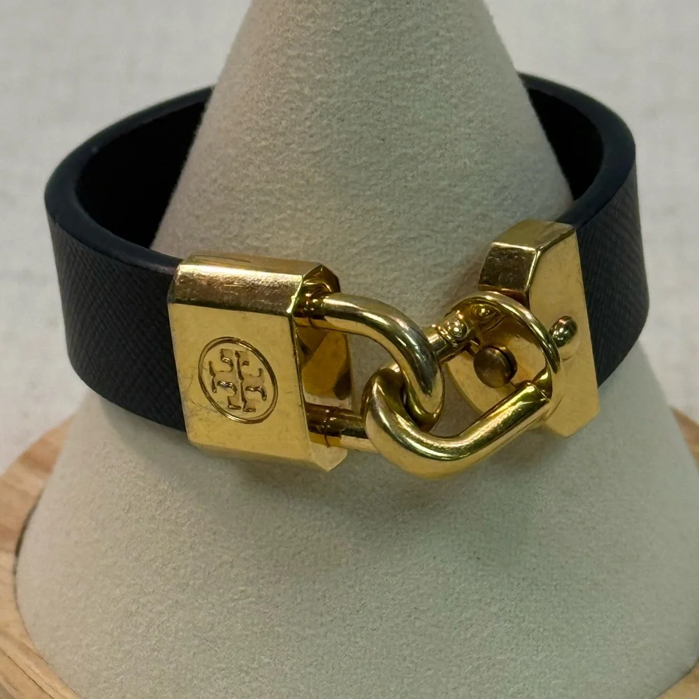 Gold-Tone Lock Bracelet with Black Leather Band